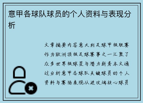 意甲各球队球员的个人资料与表现分析